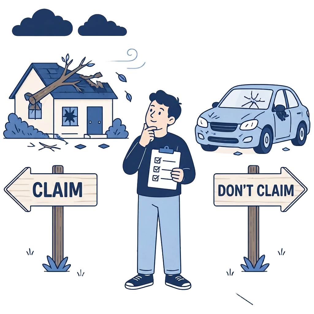 Person at a crossroads deciding whether to file a home or auto insurance claim